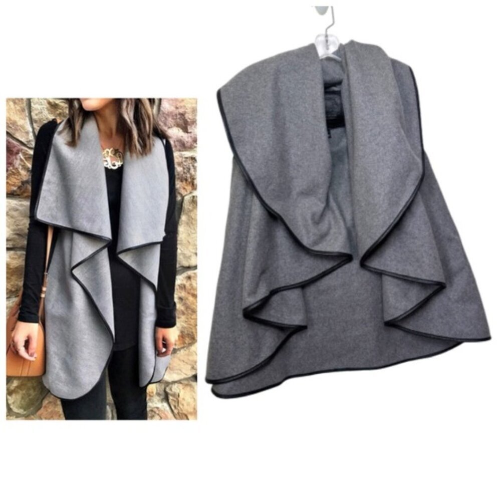 Roots Wool Leather Trim Open Cardigan Vest Wrap Jacket Oversize Preppy ALine Top